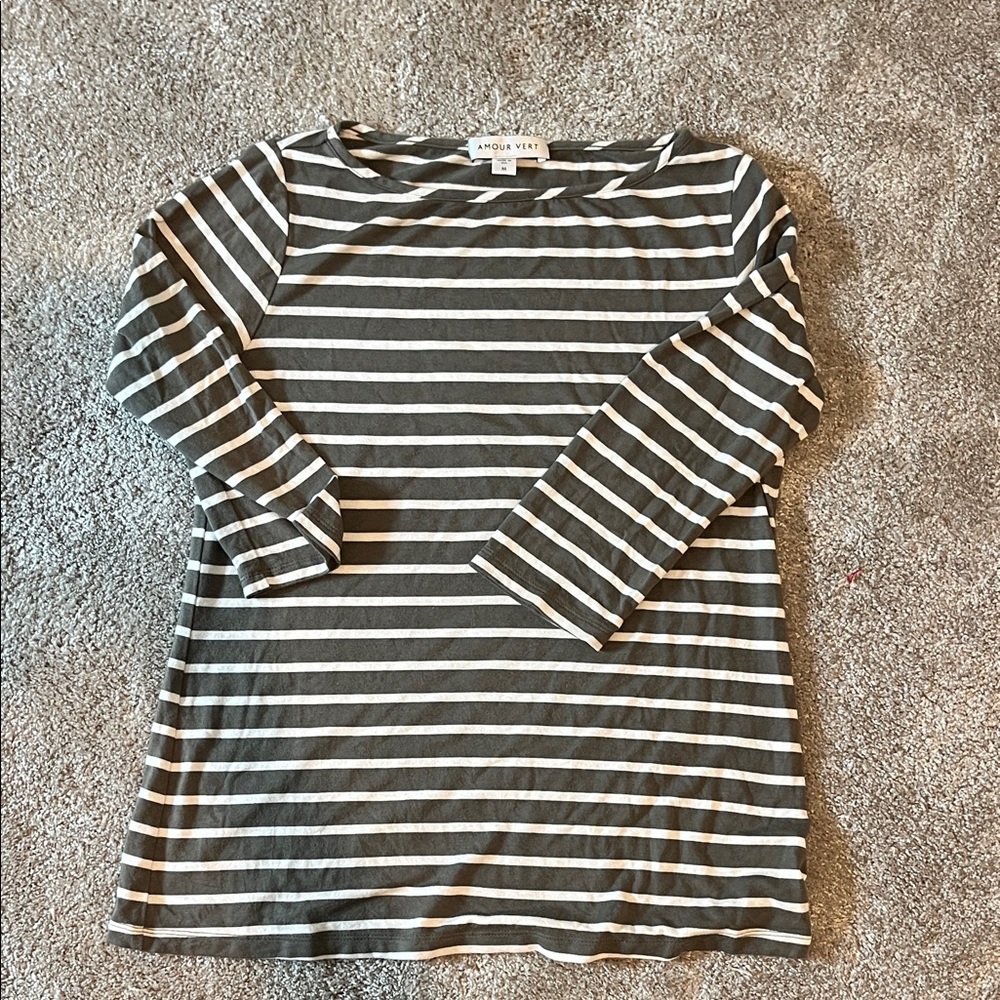 Amour Vert Green and White Striped Long Sleeve Tee